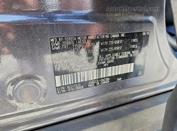 2T3H1RFV3KW040496 2019 TOYOTA RAV4 Gray VIN կոդի պիտակի տեսք