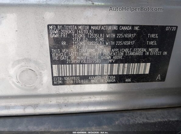 2T3H1RFV3LC077583 2020 TOYOTA RAV4 Gray Вид підкапотного простору