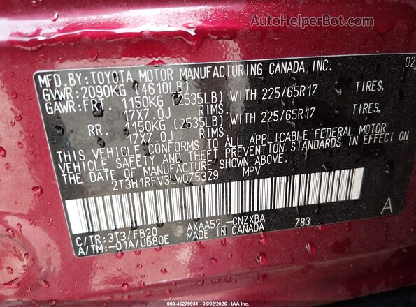 2T3H1RFV3LW075329 2020 TOYOTA RAV4 Red ძრავის განყოფილების ხედი