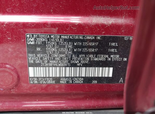 2T3H1RFV4LW069815 2020 TOYOTA RAV4 Maroon Engine compartment view