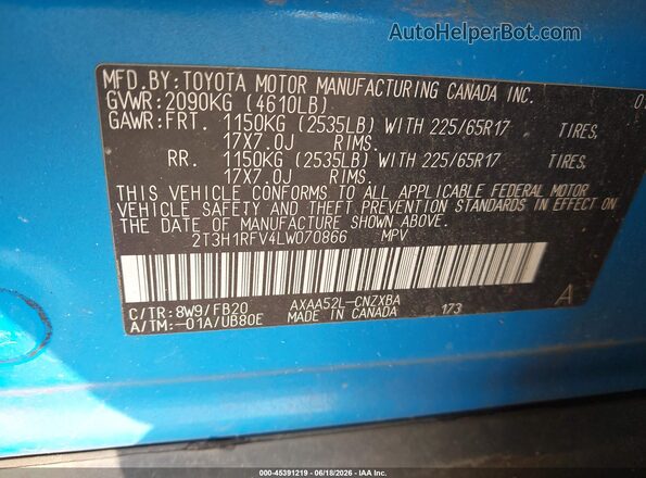 2T3H1RFV4LW070866 2020 TOYOTA RAV4 Blue ძრავის განყოფილების ხედი