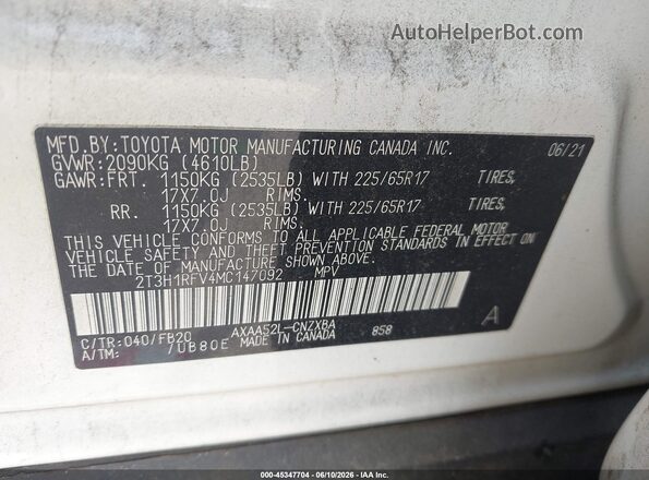 2T3H1RFV4MC147092 2021 TOYOTA RAV4 White Vista del compartimento del motor