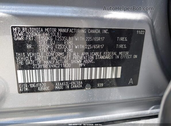 2T3H1RFV4NC211830 2022 TOYOTA RAV4 Silver 
