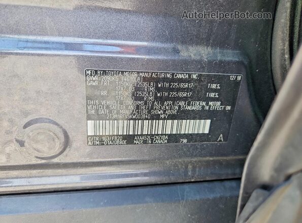 2T3H1RFV5KW003840 2019 TOYOTA RAV4 Gray Widok naklejki z numerem VIN