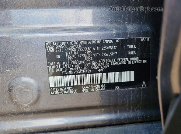 2T3H1RFV5KW034439 2019 TOYOTA RAV4 Gray VIN կոդի պիտակի տեսք