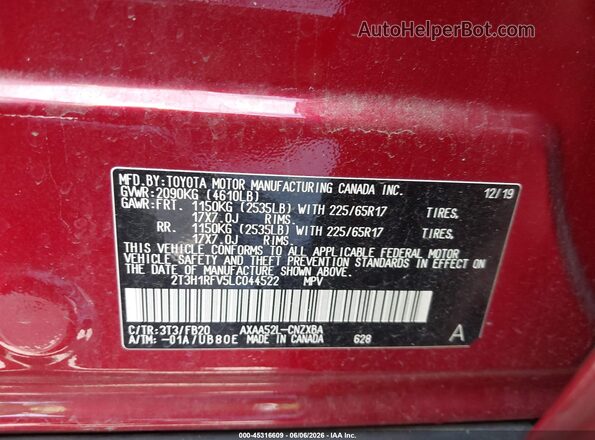2T3H1RFV5LC044522 2020 TOYOTA RAV4 Red Vista del compartimento del motor