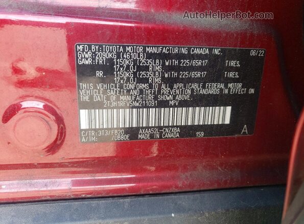 2T3H1RFV5NW211091 2022 TOYOTA RAV4 Red VIN sticker view