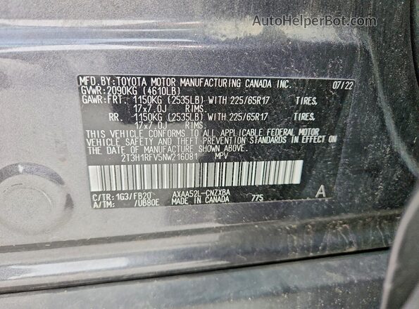 2T3H1RFV5NW216081 2022 TOYOTA RAV4 Угольный Вид наклейки с VIN-кодом