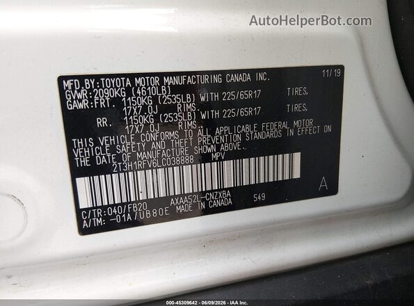 2T3H1RFV6LC038888 2020 TOYOTA RAV4 White Շարժիչի բաժամունքի տեսք