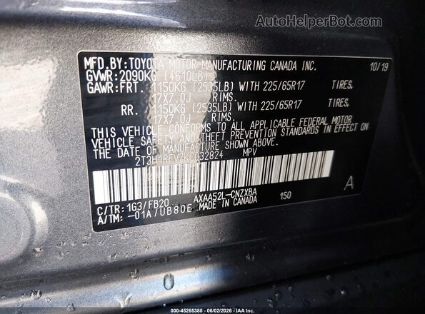 2T3H1RFV7KC032824 2019 TOYOTA RAV4 Gray Շարժիչի բաժամունքի տեսք