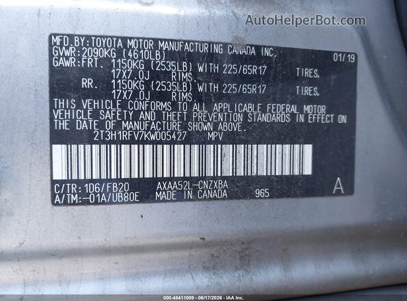 2T3H1RFV7KW005427 2019 TOYOTA RAV4 Silver Widok komory silnika