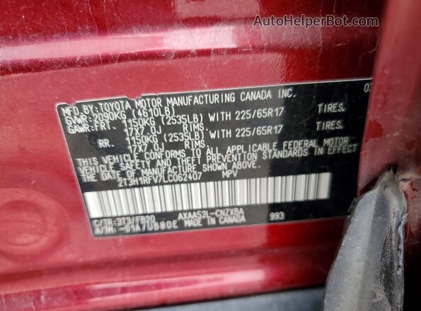 2T3H1RFV7LC062407 2020 TOYOTA RAV4 Красный Вид наклейки с VIN-кодом