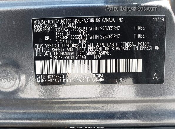 2T3H1RFV8LC040349 2020 TOYOTA RAV4 Gray 