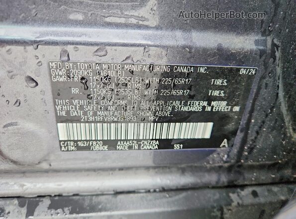 2T3H1RFV8RW331893 2024 TOYOTA RAV4 Charcoal VIN sticker view