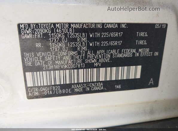 2T3H1RFV9KC007813 2019 TOYOTA RAV4 White ძრავის განყოფილების ხედი