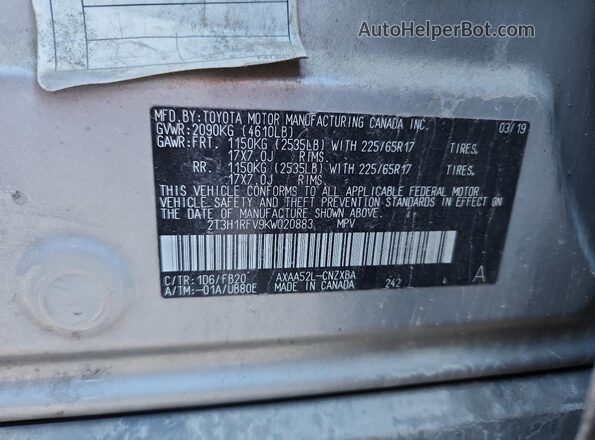2T3H1RFV9KW020883 2019 TOYOTA RAV4 Silver Панорамний вид салону 360°