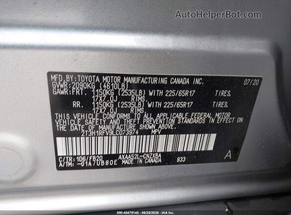 2T3H1RFV9LC073974 2020 TOYOTA RAV4 Silver Engine compartment view