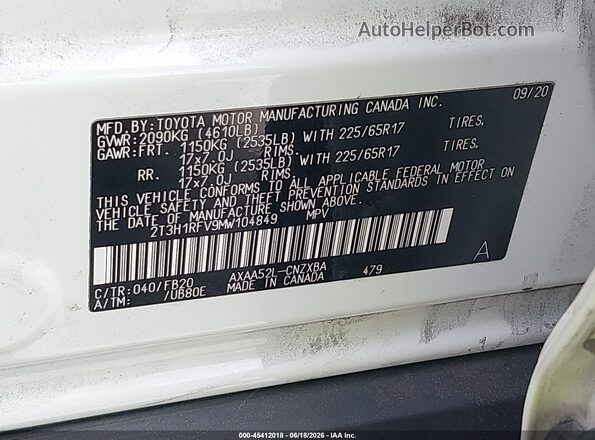 2T3H1RFV9MW104849 2021 TOYOTA RAV4 White Вид підкапотного простору