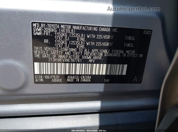 2T3H1RFVXNC187761 2022 TOYOTA RAV4 Gray Engine compartment view
