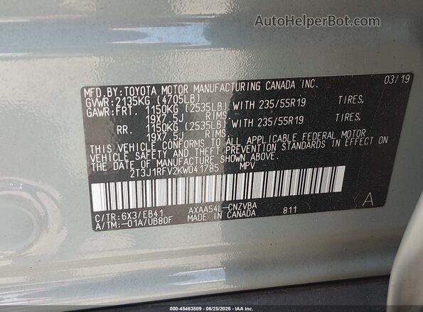 2T3J1RFV2KW041785 2019 TOYOTA RAV4 Pewter Շարժիչի բաժամունքի տեսք