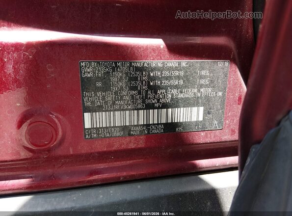 2T3J1RFV3KW005863 2019 TOYOTA RAV4 Maroon Vista del compartimento del motor