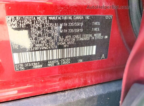 2T3J1RFV4MW247614 2021 TOYOTA RAV4 Red VIN sticker view