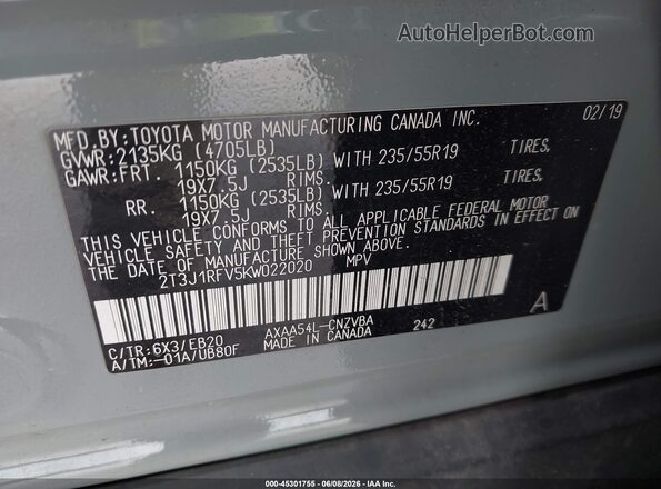 2T3J1RFV5KW022020 2019 TOYOTA RAV4 Green ძრავის განყოფილების ხედი
