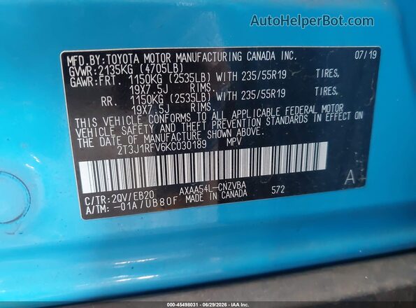 2T3J1RFV6KC030189 2019 TOYOTA RAV4 Blue Շարժիչի բաժամունքի տեսք