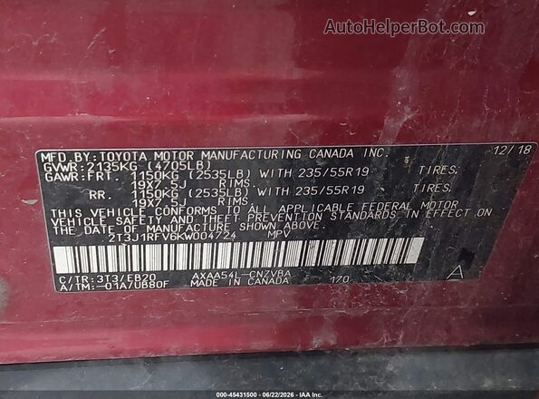 2T3J1RFV6KW004724 2019 TOYOTA RAV4 Красный Вид подкапотного пространства
