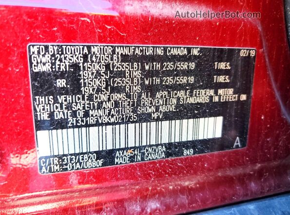 2T3J1RFV8KW021735 2019 TOYOTA RAV4 Red 