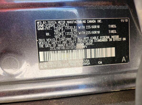 2T3J1RFV8LC075913 2020 TOYOTA RAV4 Gray Vista del compartimento del motor