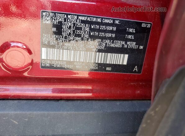 2T3J1RFV9LC103699 2020 TOYOTA RAV4 Maroon VIN sticker view