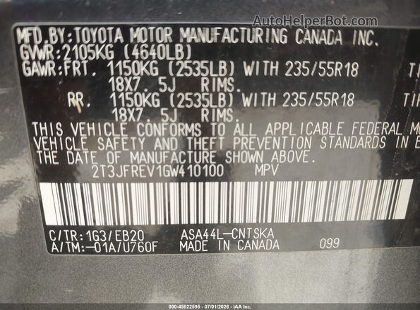 2T3JFREV1GW410100 2016 TOYOTA RAV4 Gray Շարժիչի բաժամունքի տեսք