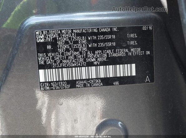 2T3JFREV5GW454312 2016 TOYOTA RAV4 Gray ძრავის განყოფილების ხედი
