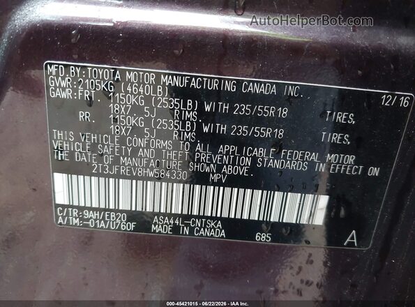 2T3JFREV8HW584330 2017 TOYOTA RAV4 Maroon ძრავის განყოფილების ხედი