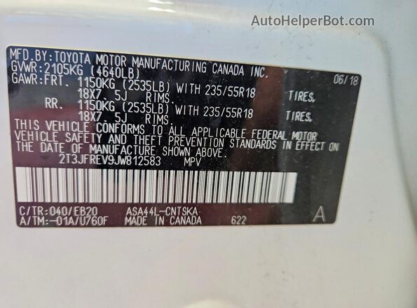 2T3JFREV9JW812583 2018 TOYOTA RAV4 White VIN կոդի պիտակի տեսք