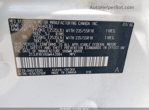 2T3JFREVXGW443984 2016 TOYOTA RAV4 White 