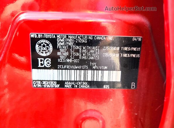 2T3JFREVXGW481375 2016 TOYOTA RAV4 Red VIN sticker view