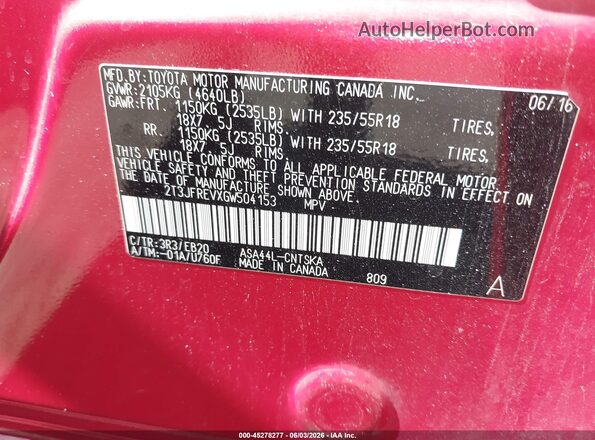 2T3JFREVXGW504153 2016 TOYOTA RAV4 Red Вид підкапотного простору