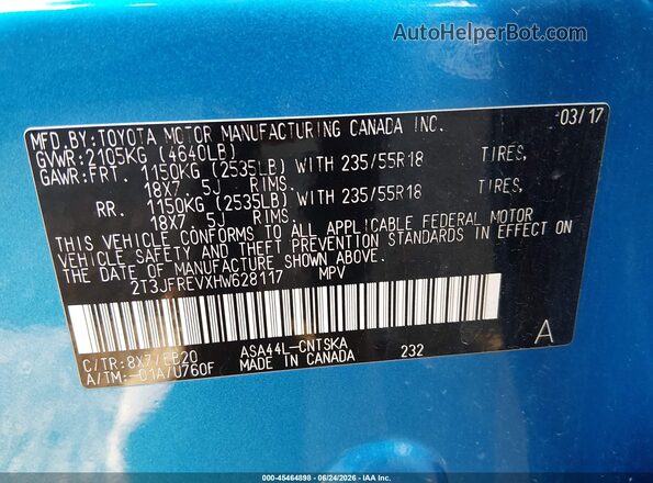 2T3JFREVXHW628117 2017 TOYOTA RAV4 Blue ძრავის განყოფილების ხედი