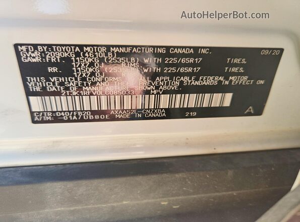 2T3K1RFV0LC085033 2020 TOYOTA RAV4 White 