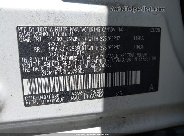 2T3K1RFV9LW079908 2020 TOYOTA RAV4 White Engine compartment view