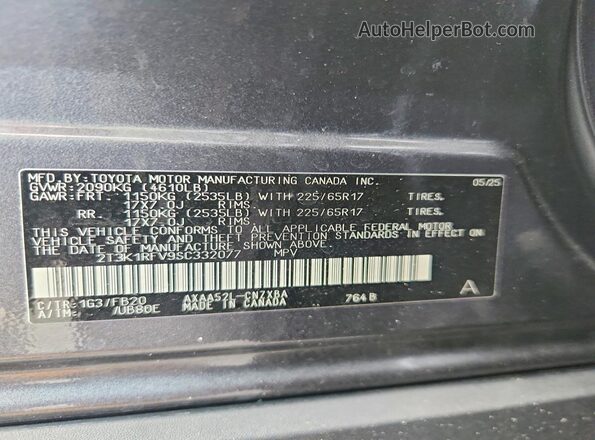 2T3K1RFV9SC332077 2025 TOYOTA RAV4 Gray Вид наклейки з VIN-кодом