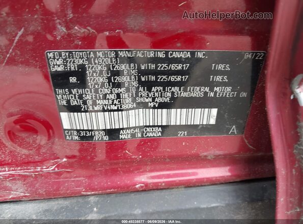 2T3LWRFV4NW138064 2022 TOYOTA RAV4 HYBRID Red Вид підкапотного простору
