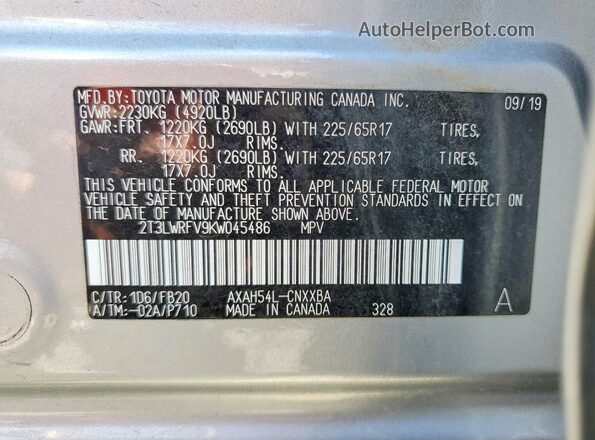 2T3LWRFV9KW045486 2019 TOYOTA RAV4 Silver VIN sticker view