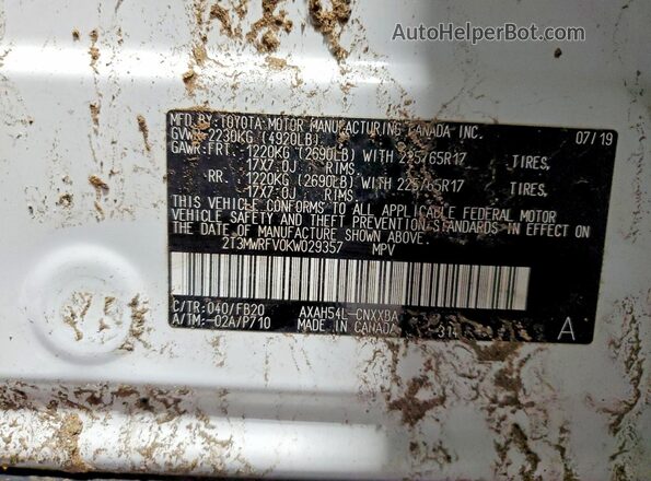 2T3MWRFV0KW029357 2019 TOYOTA RAV4 White 