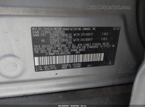 2T3MWRFV0LW082299 2020 TOYOTA RAV4 HYBRID Серебряный Вид подкапотного пространства