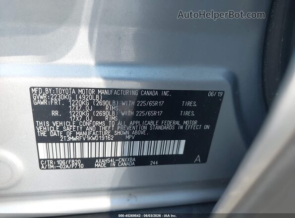 2T3MWRFV1KW019162 2019 TOYOTA RAV4 HYBRID Gray Vista del compartimento del motor