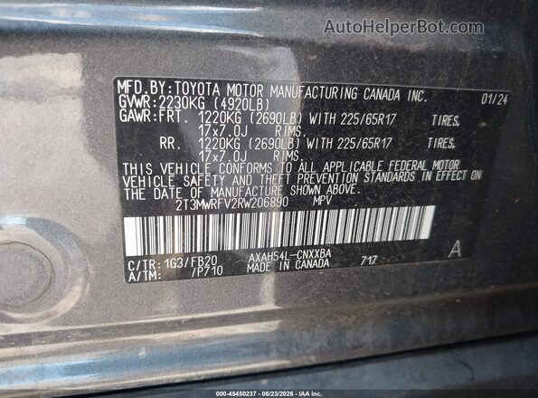 2T3MWRFV2RW206890 2024 TOYOTA RAV4 HYBRID Gray Vista del compartimento del motor