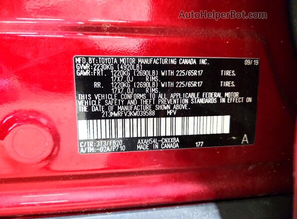 2T3MWRFV3KW039588 2019 TOYOTA RAV4 Red VIN կոդի պիտակի տեսք